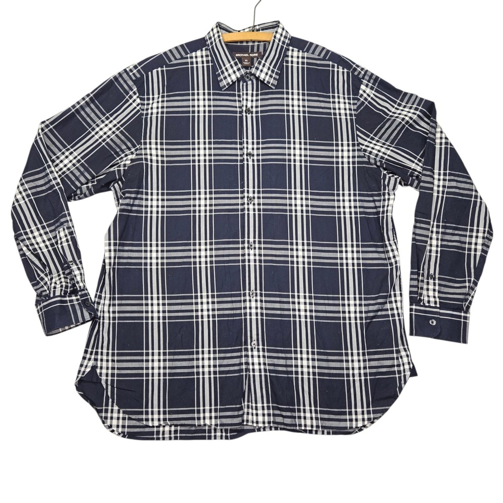Michael Kors Button Down Shirt Navy Blue White Plaid Cotton Sz XL